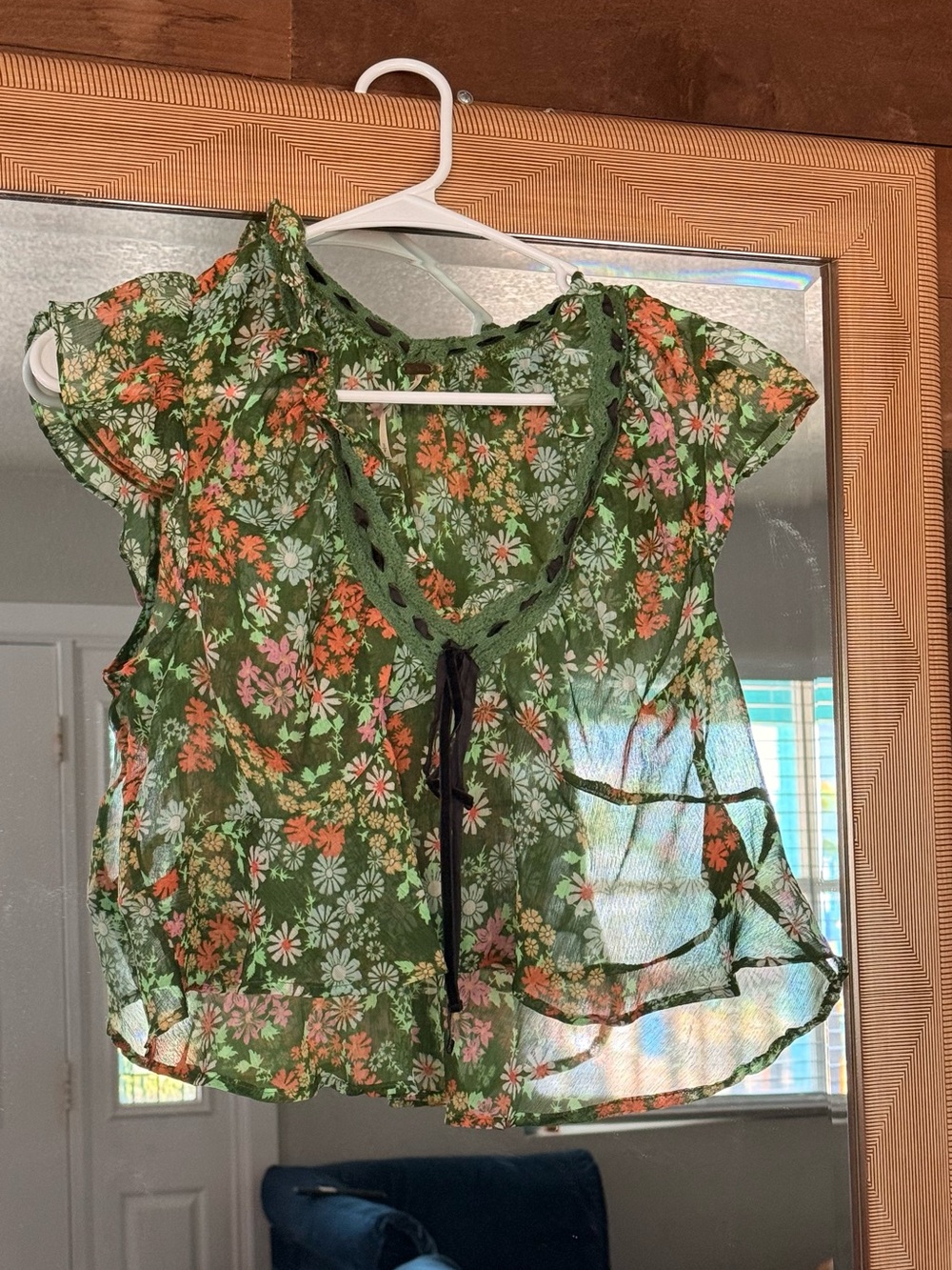 Free People Green Floral Sheer Tie-Front Blouse